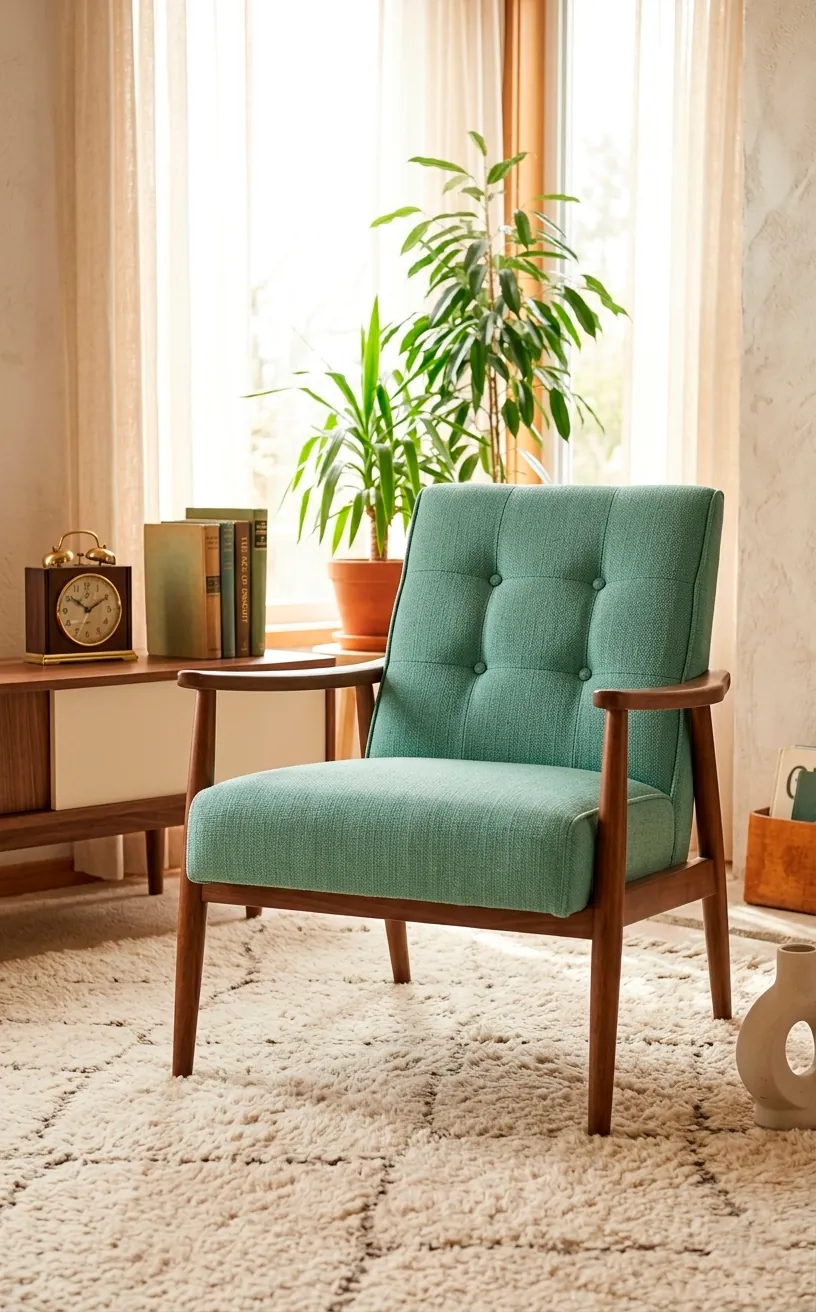 Seafoam green mid-century modern armchair with walnut legs in a bright room.