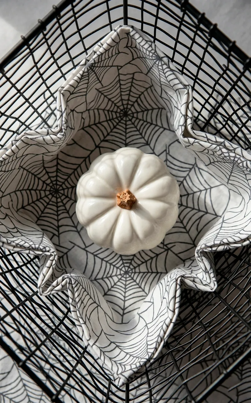 Close up of a black wire basket and spider web fabric liner with a white pumpkin