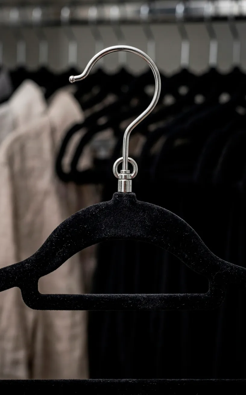 Close-up of a non-slip black velvet hanger with a chrome hook.
