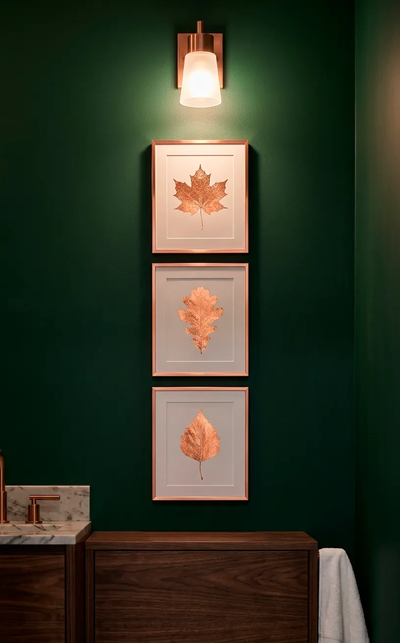 Copper foil leaf prints on a dark green bathroom wall.