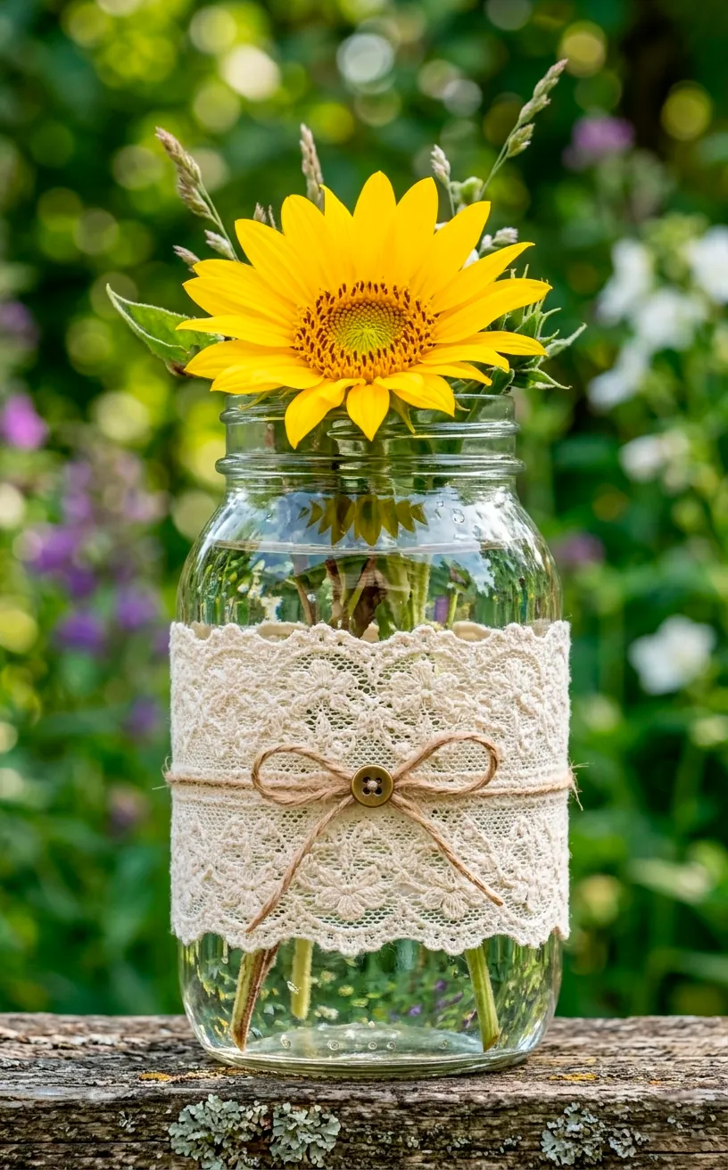 Close-up of a sunflower in a lace-covered glass jar centerpiece.