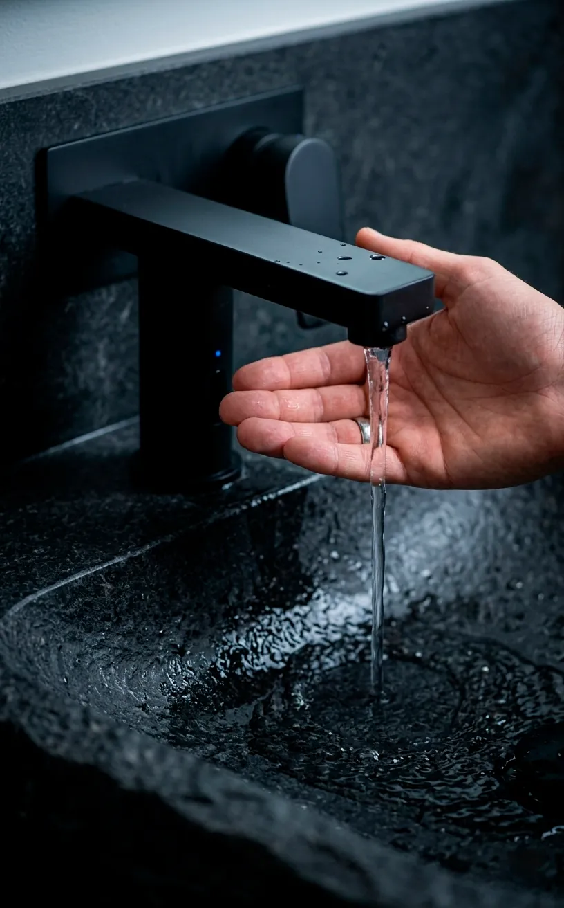 Touchless matte black faucet in a high-tech modern bathroom setting.