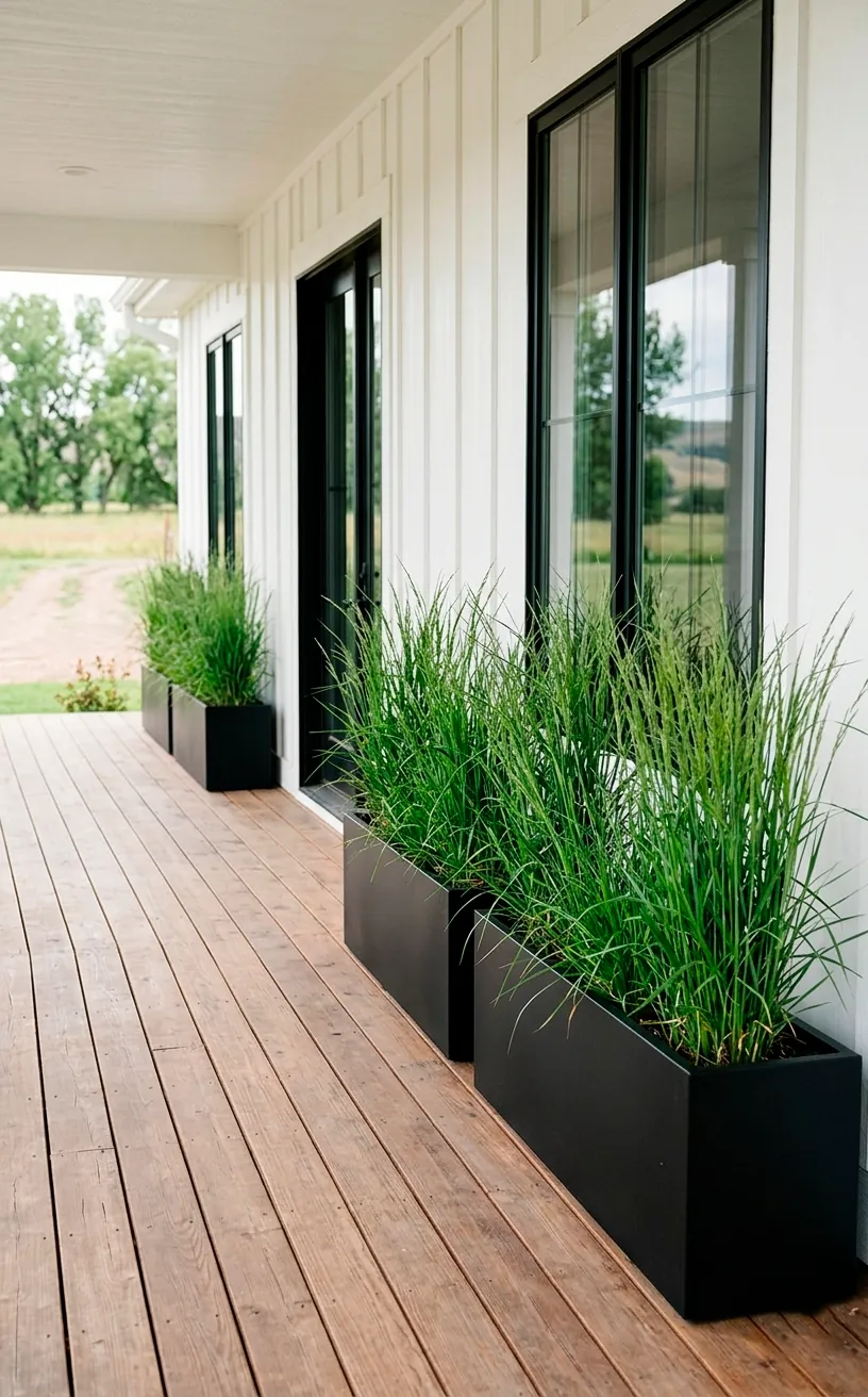 Long black steel trough planters with green grasses on a farmhouse porch.