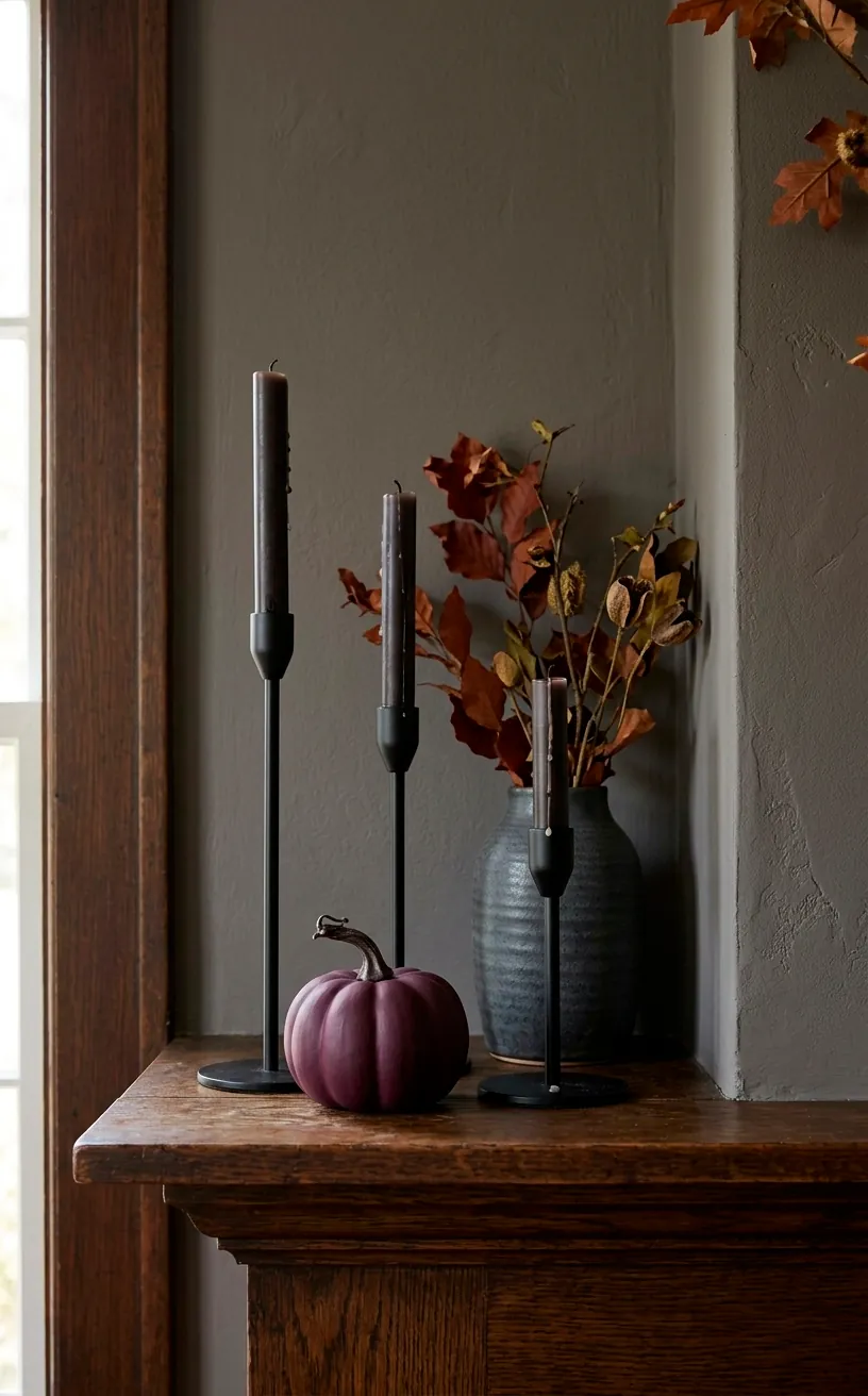 Close up of black candlesticks and plum pumpkin on a mantel.