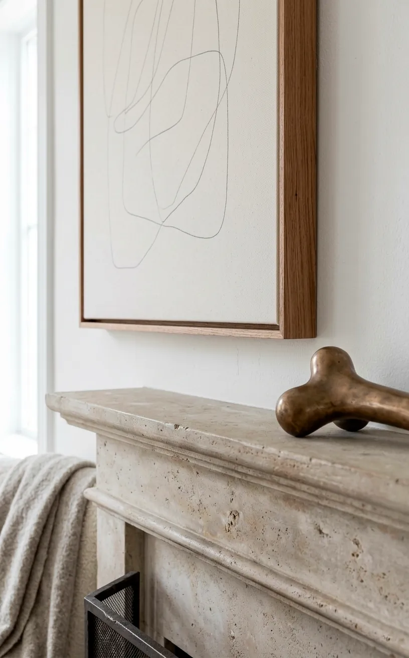 Close-up of a minimalist line drawing and a sculpture on a mantel.