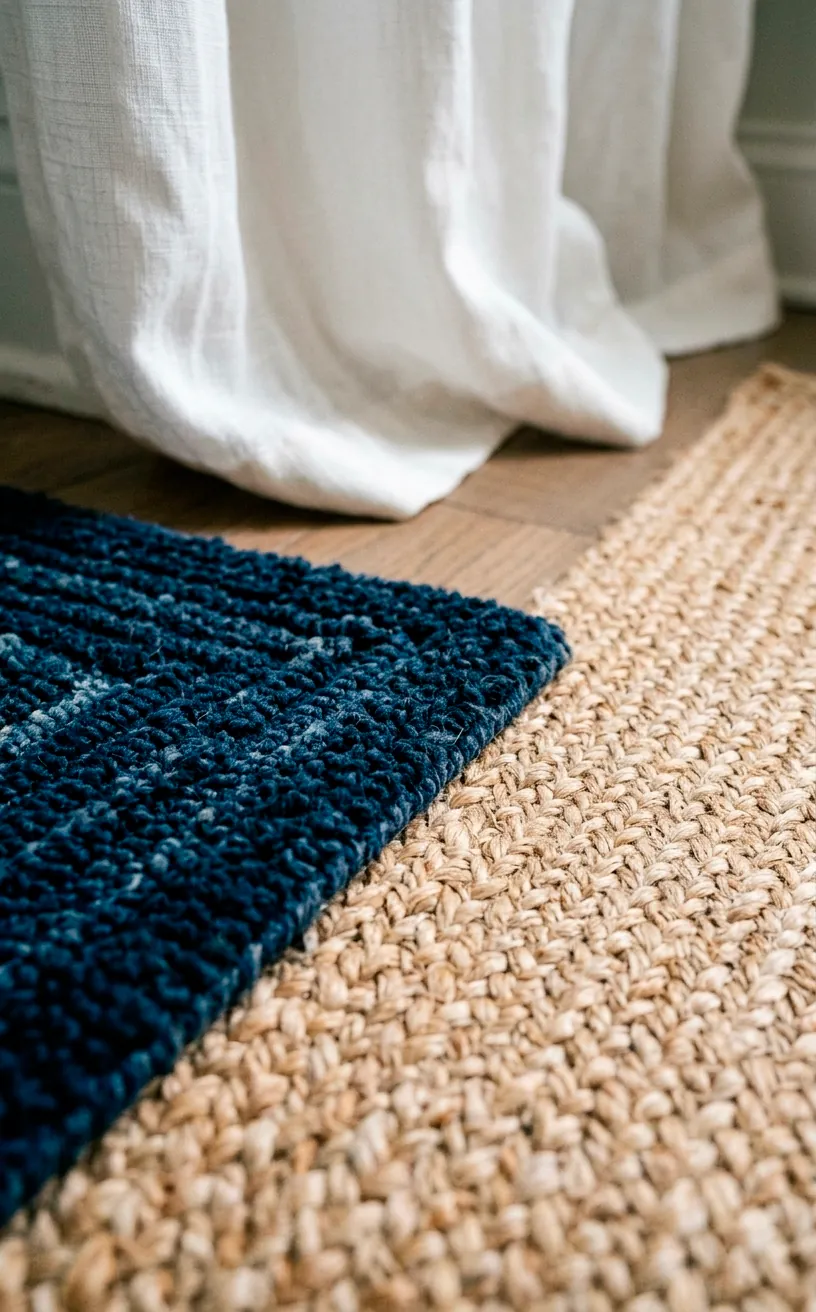 Close-up of the texture of a navy blue patterned rug and a jute rug.