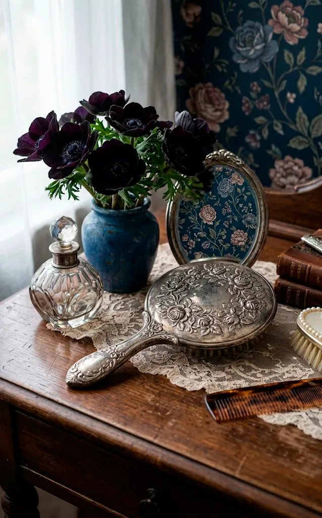 Vintage hand mirror with embossed rose next to dark anemones and perfume.