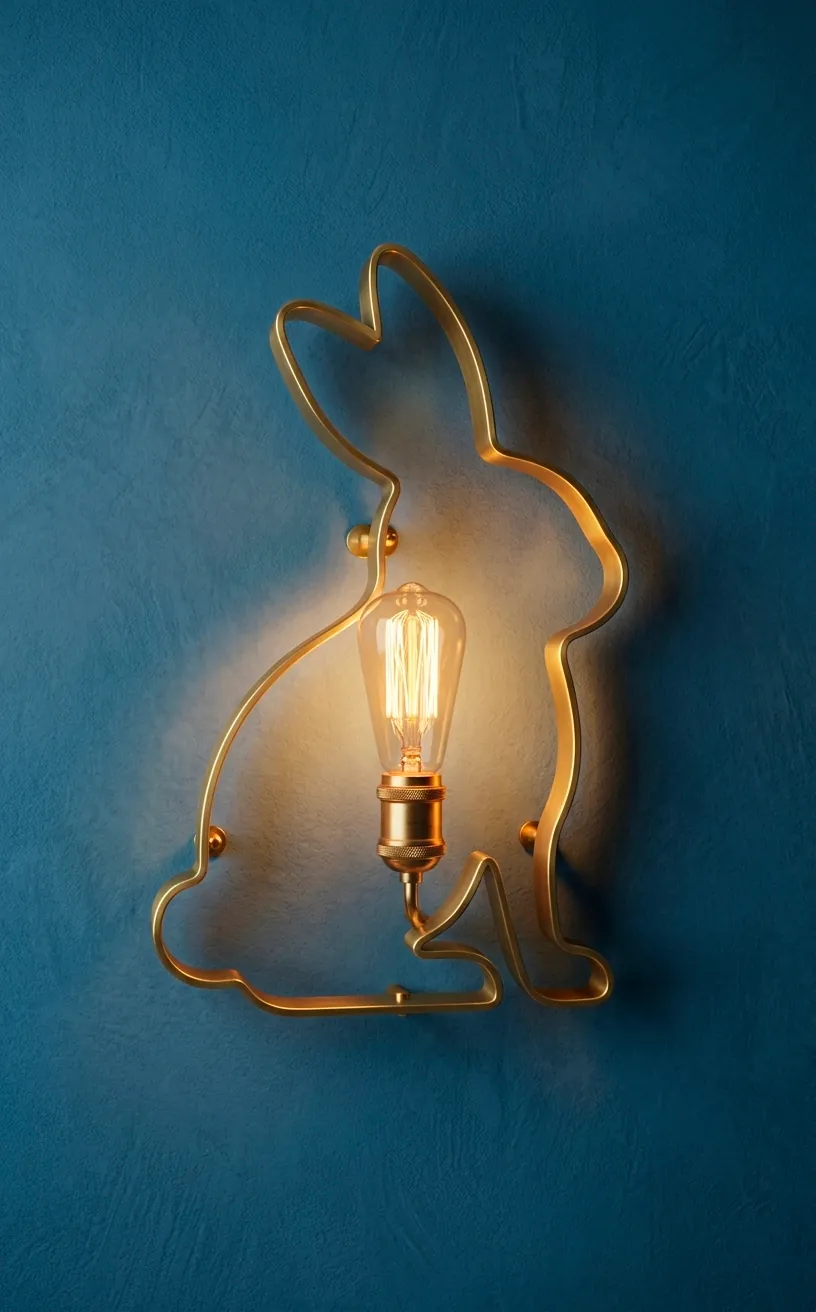 Brass bunny silhouette wall sconce with a warm glowing bulb.