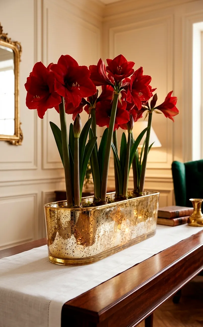 Gold mercury glass planter with red amaryllis blooms on a dining table.