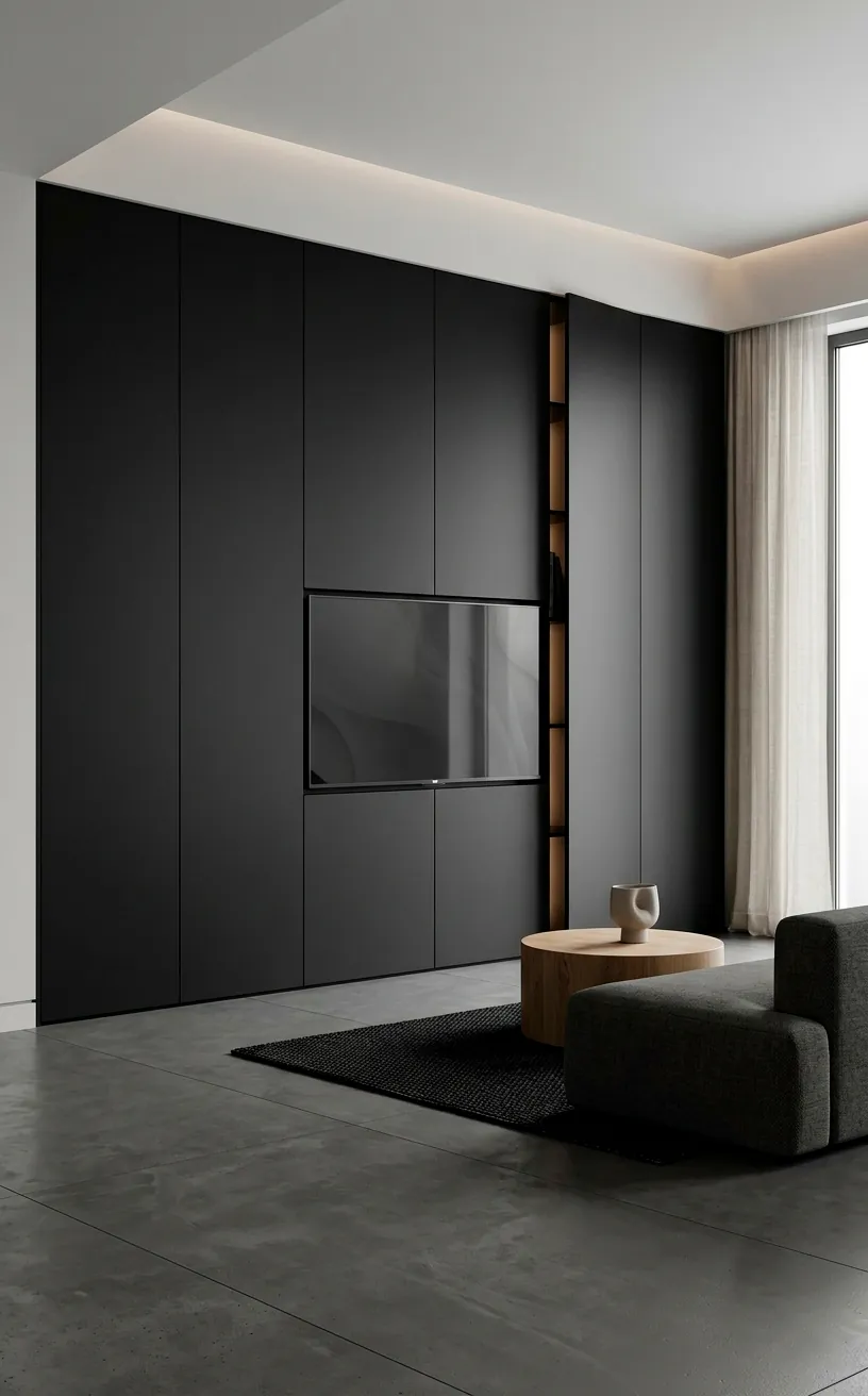 Minimalist handleless matte black TV wall unit with push-to-open doors.