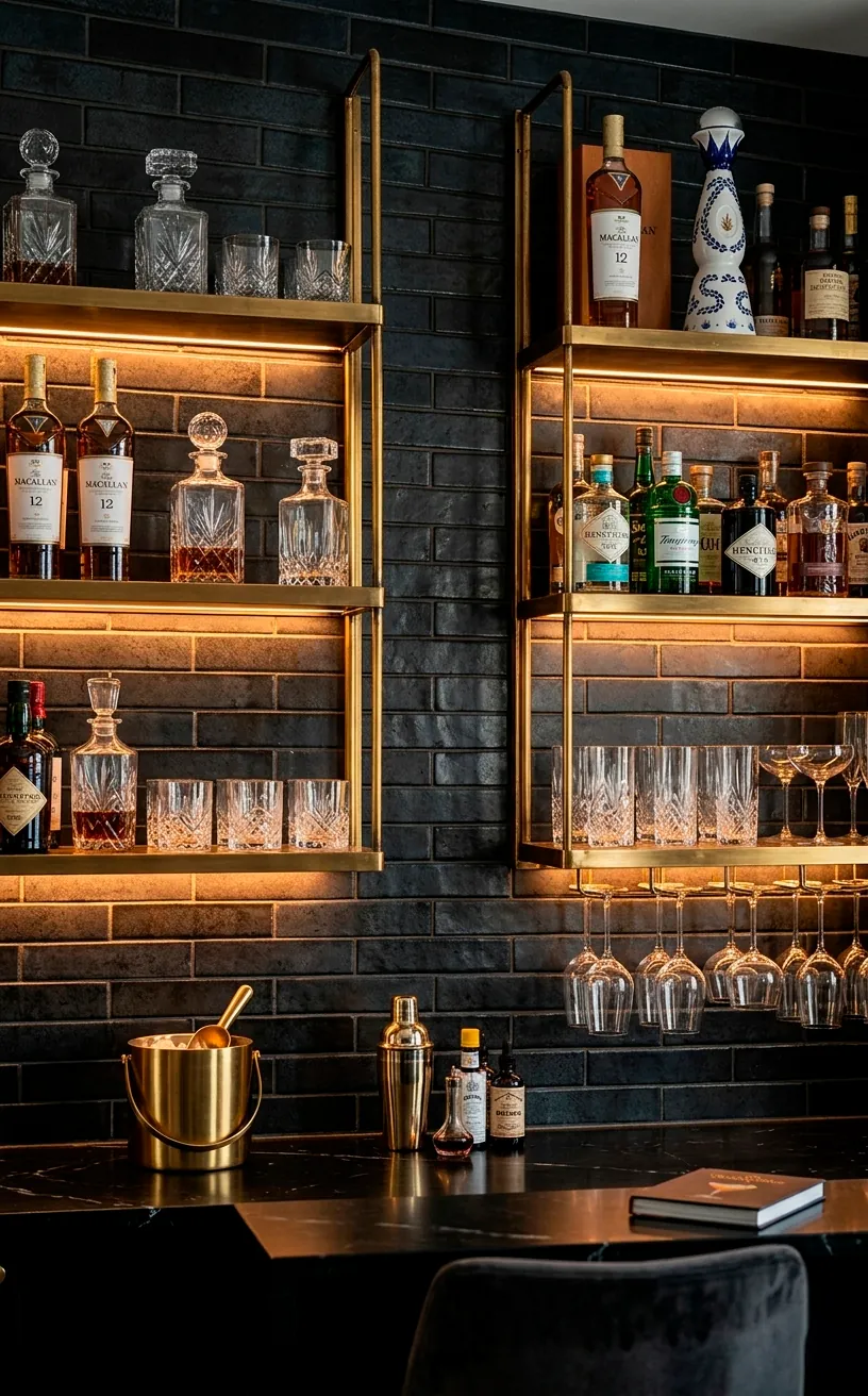 Open brass shelving with glassware in a sophisticated home bar.