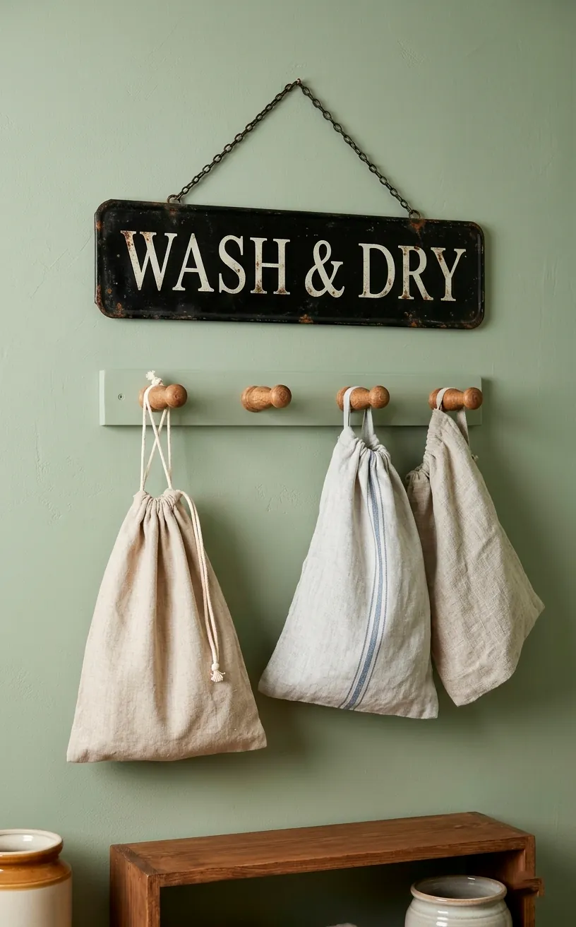 Black metal 'Wash & Dry' sign in a farmhouse laundry room.