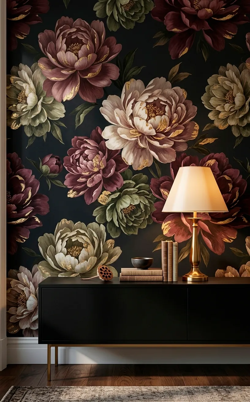 Dark floral wallpaper with gold accents behind a black console table and brass lamp.