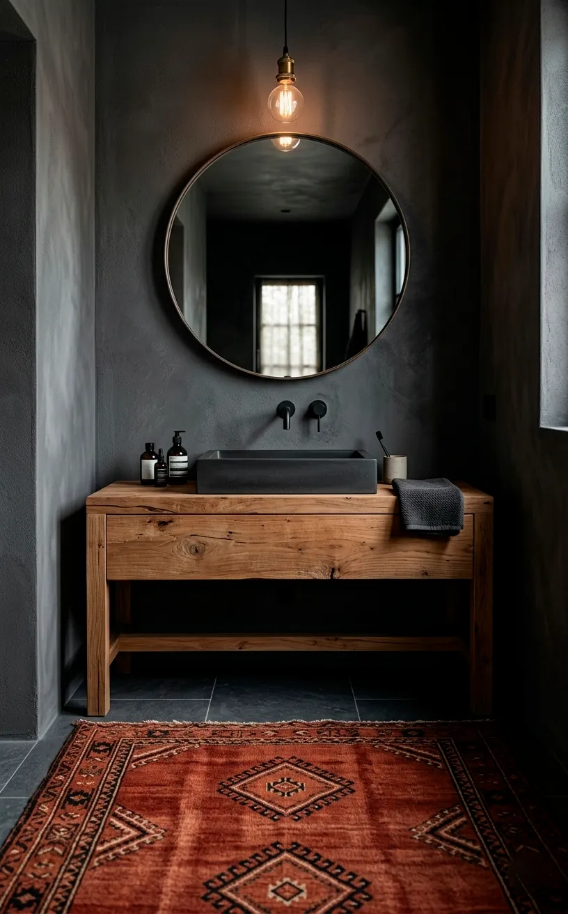 Clay and charcoal kilim rug in a stylish bathroom with dark walls and black fixtures.