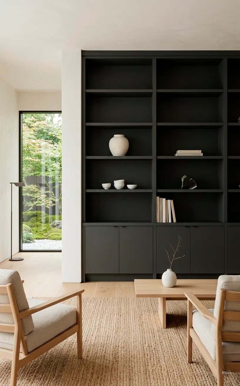 Japandi room with Iron Ore built-in shelves and white ceramics.