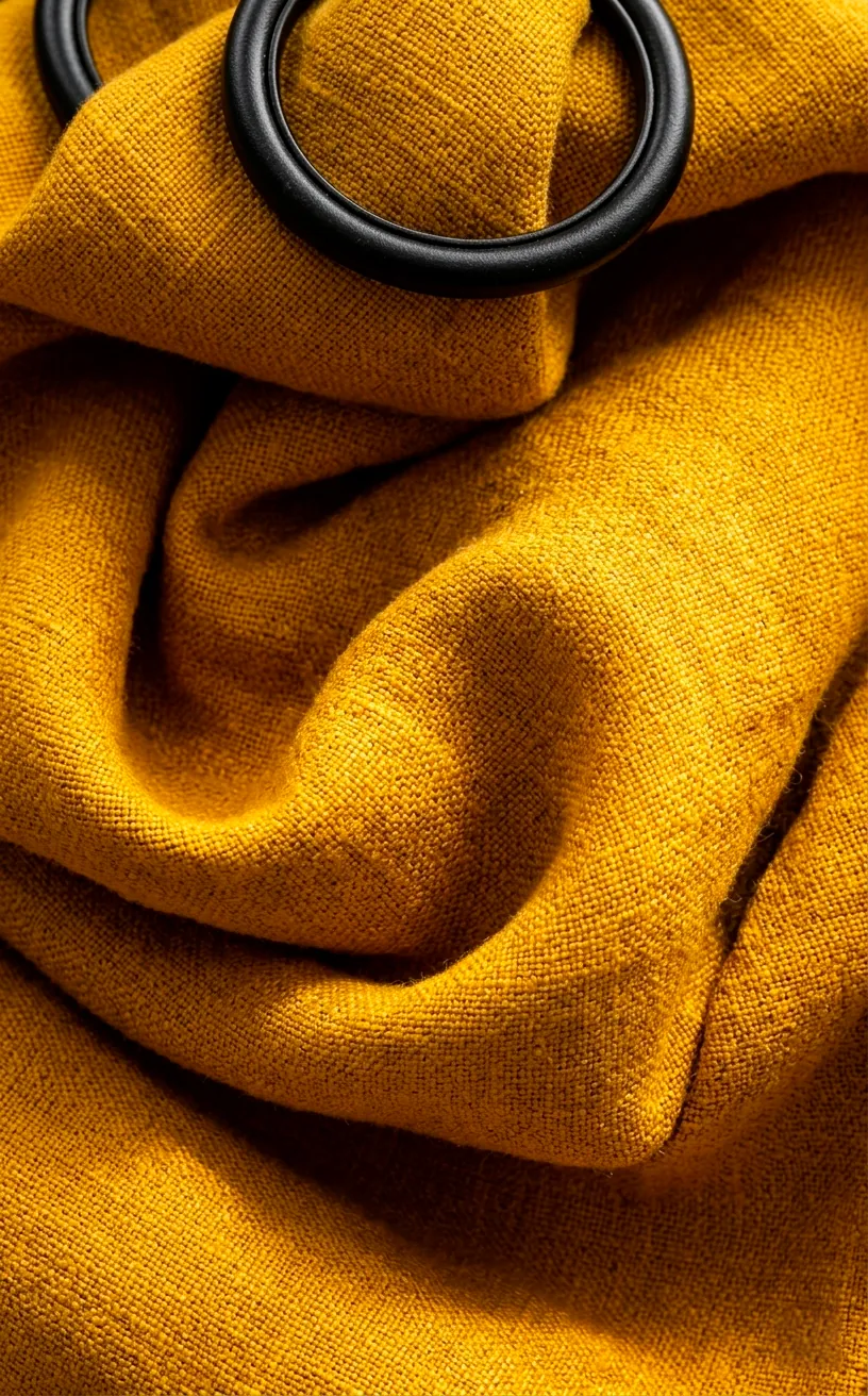 Detail of mustard yellow linen curtain fabric showing the natural weave and light.