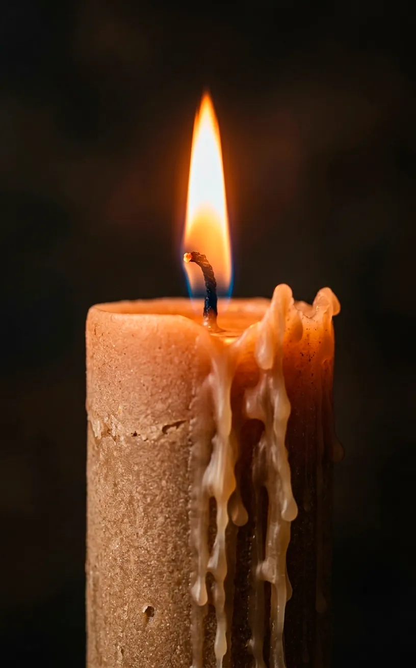 Close-up of a lit neutral-toned pillar candle with natural wax drips, cozy minimalist vibe.