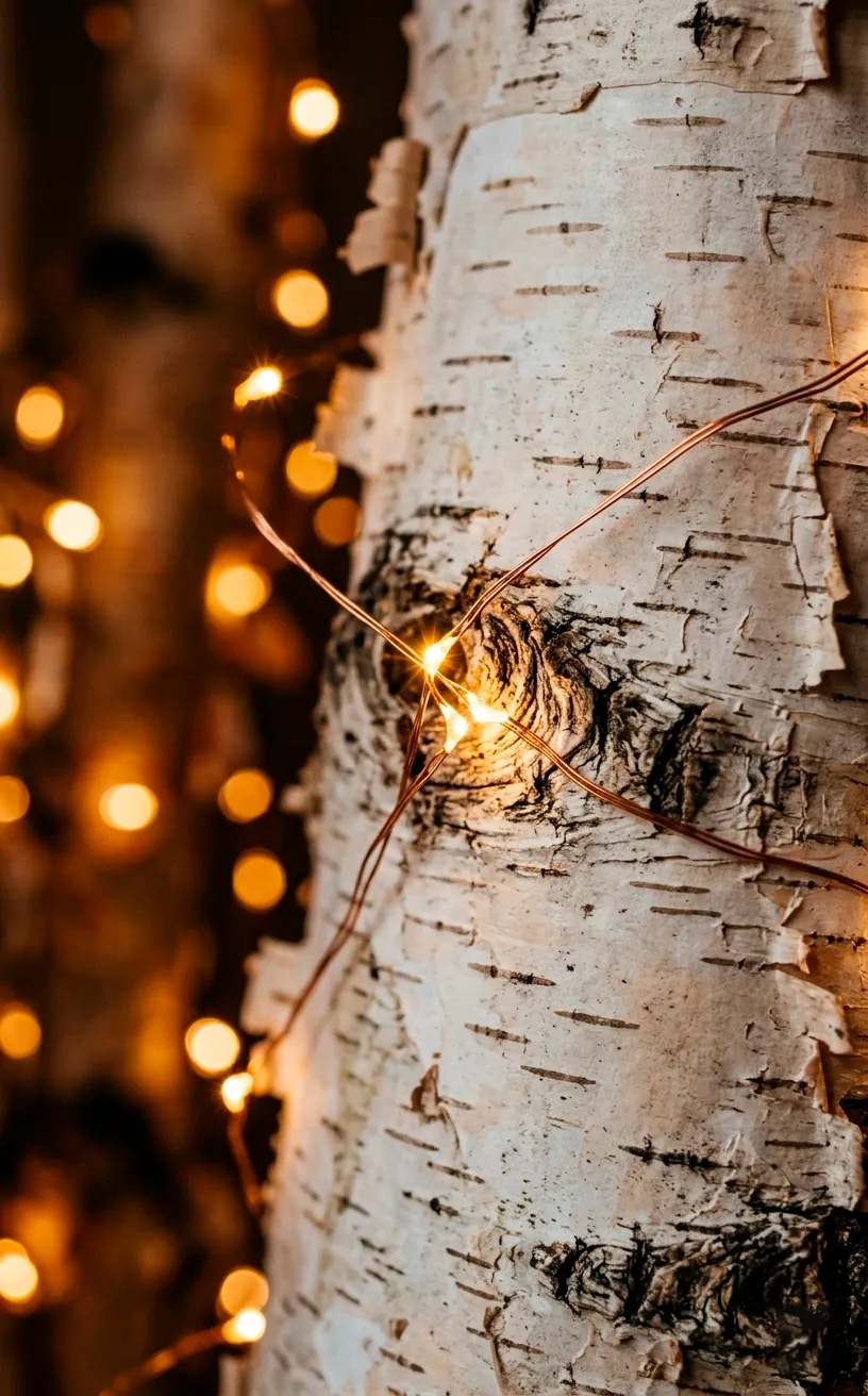 Close-up of fairy lights wrapped around birch logs in a fireplace.