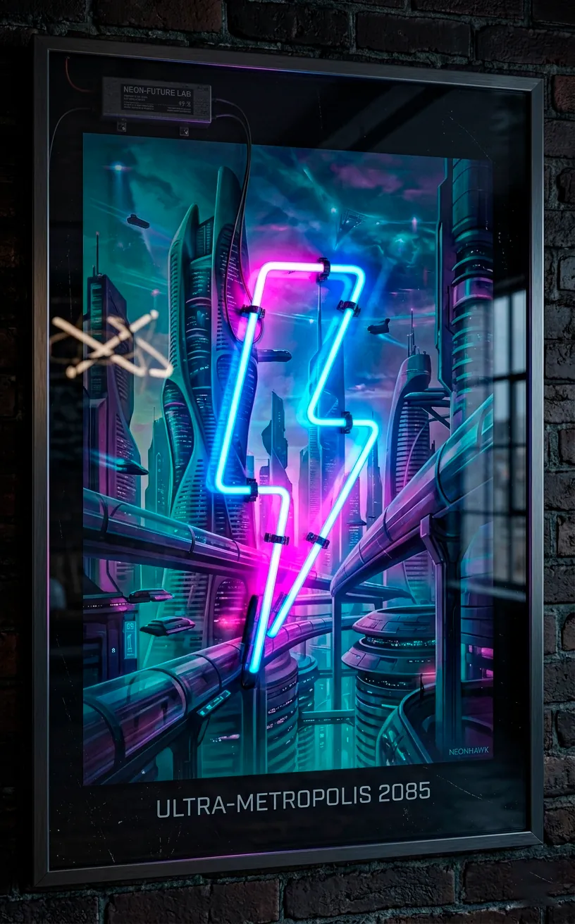 Neon lightning bolt sign layered over a cyberpunk city poster.