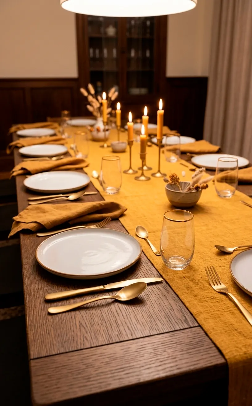 Wooden dining table with a mustard yellow cotton runner and gold silverware.