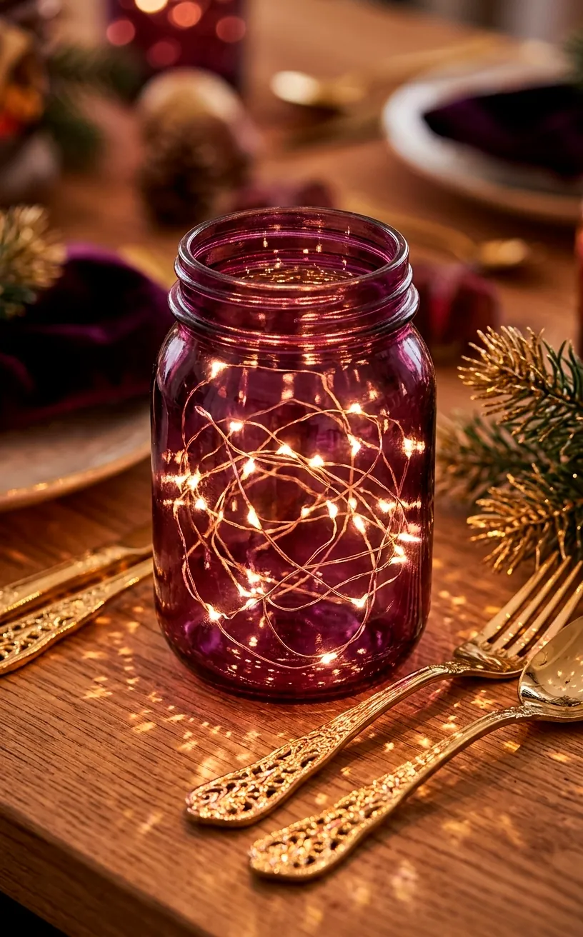 Plum glass jar with twinkling gold fairy lights on a holiday table.