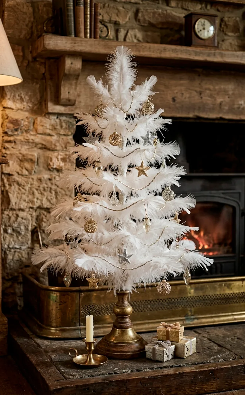 Small white feather Christmas tree with gold ornaments on a hearth.