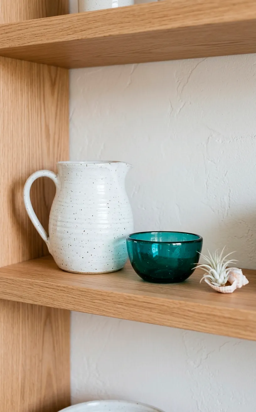 Close up of coastal kitchenware on an open shelf.
