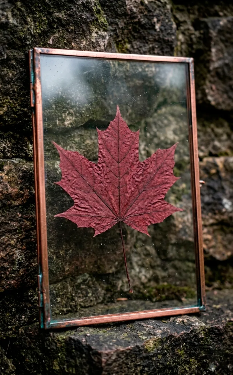 Pressed burgundy maple leaf in a copper glass frame against stone.