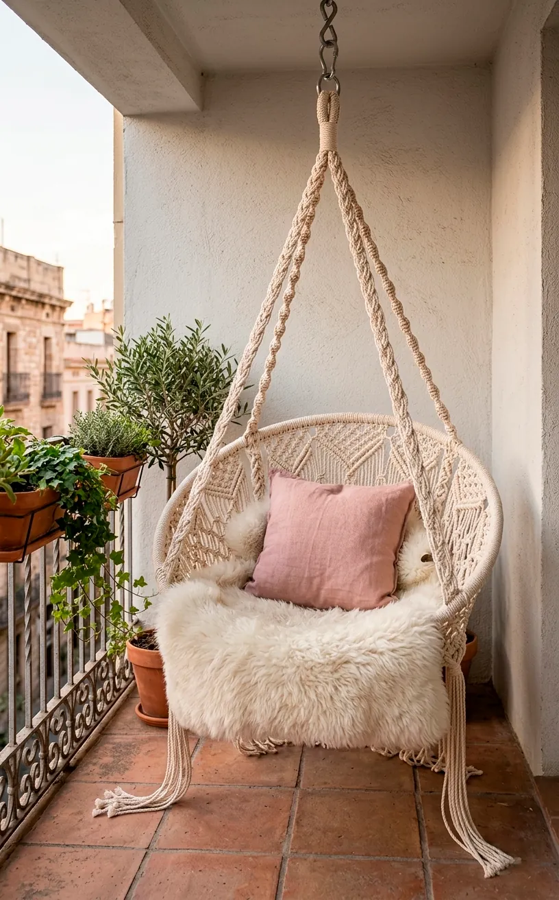 A cream macrame hanging chair with a cozy rug on a stylish small balcony.
