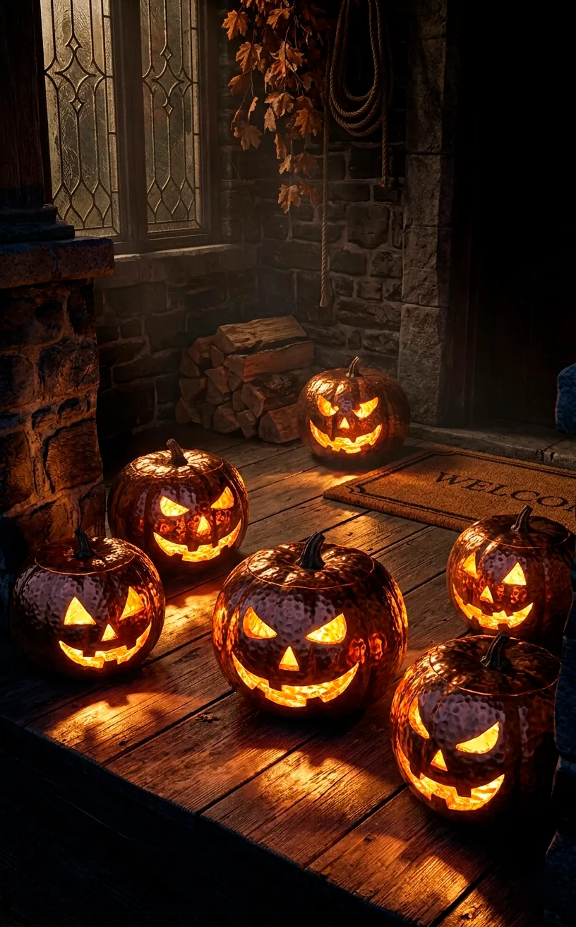 Hammered copper jack-o'-lanterns with glowing faces on a porch.