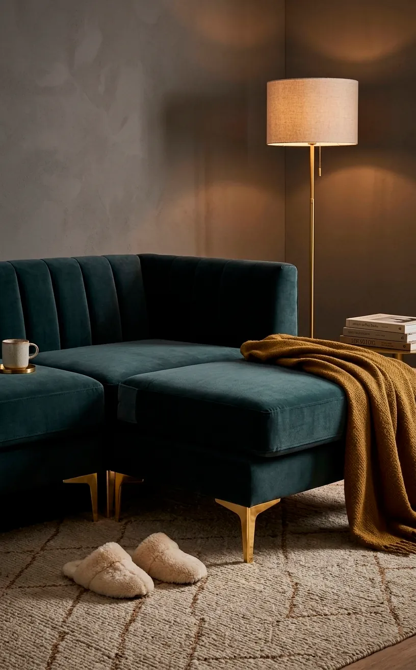 Detail of gold sofa legs on an emerald green velvet sleeper sofa in a chic apartment.