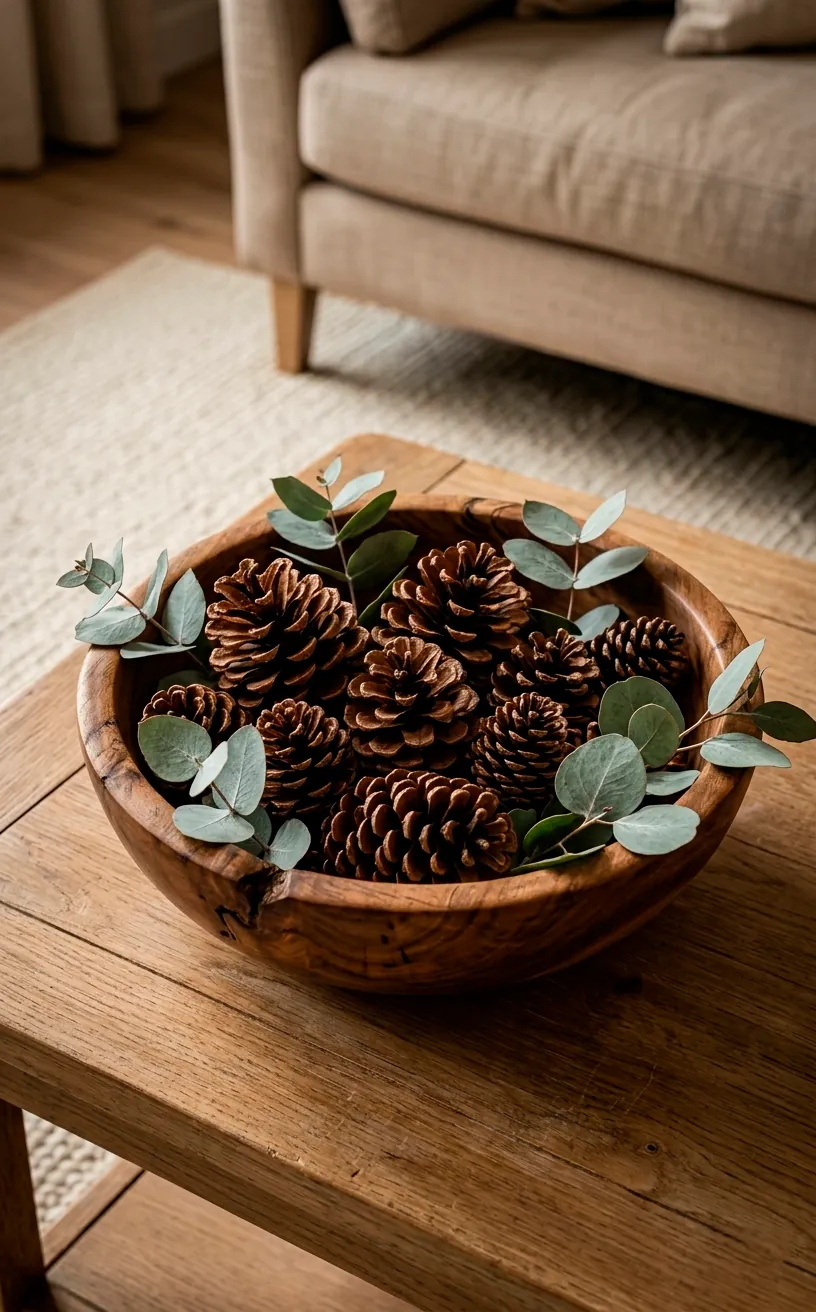 Natural pinecones and eucalyptus in a wooden bowl on a coffee table.