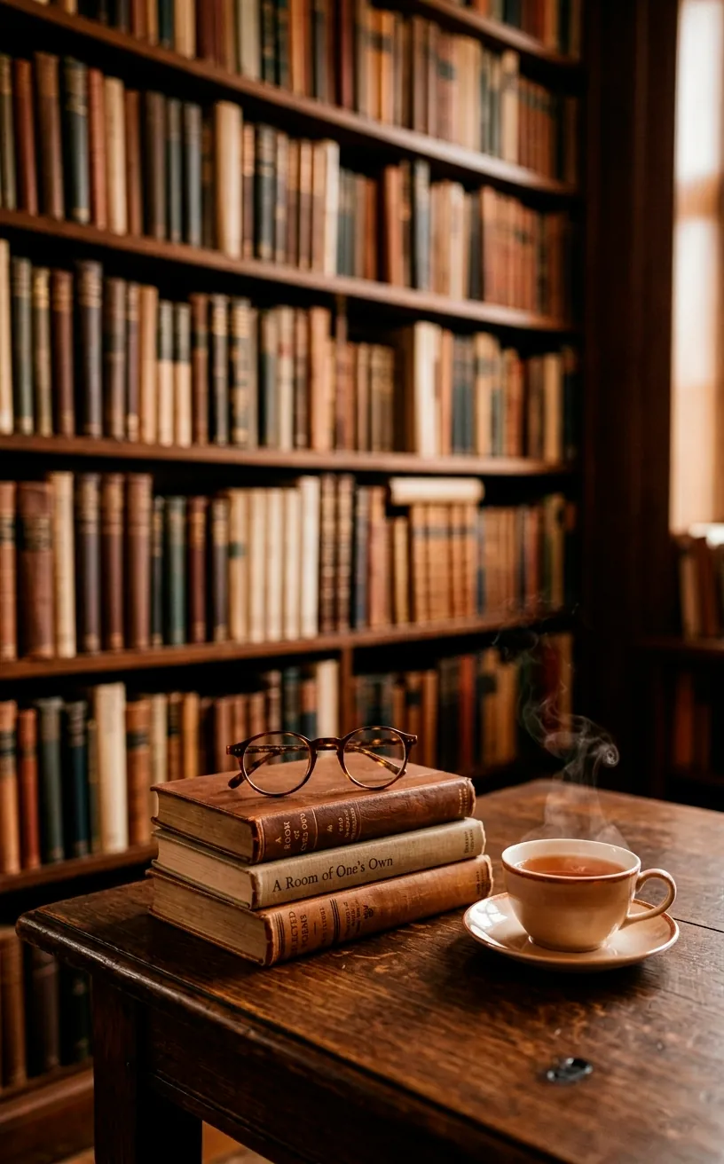 A detailed shot of vintage books and tea in a library setting.