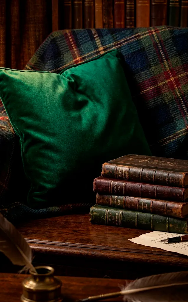 Close-up of emerald velvet and plaid textures with vintage books in dark academia style.