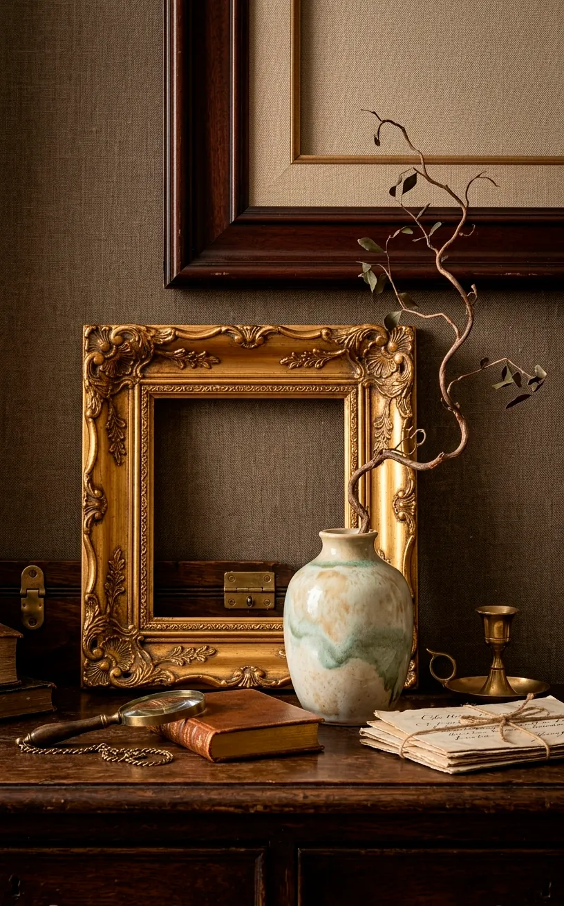 Detail of overlapping frames and a ceramic vase in an asymmetrical gallery arrangement.