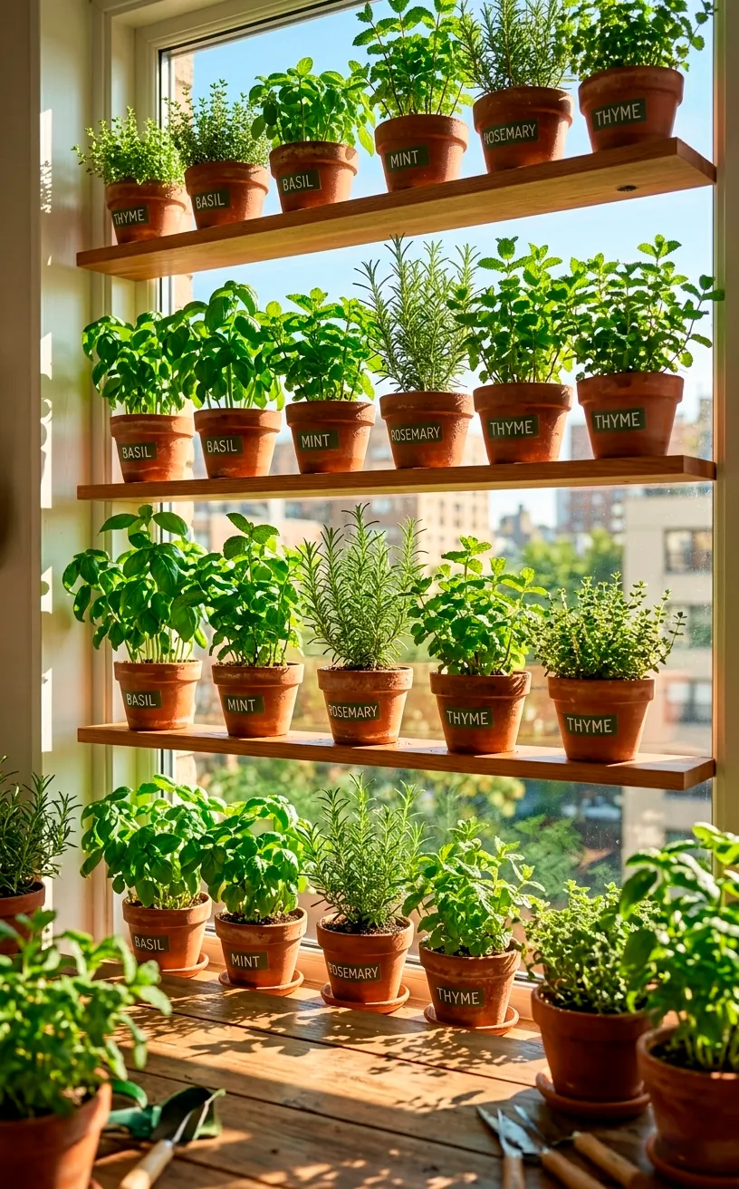 Lush indoor herb garden with basil and mint in terracotta pots on sunny floating window shelves.