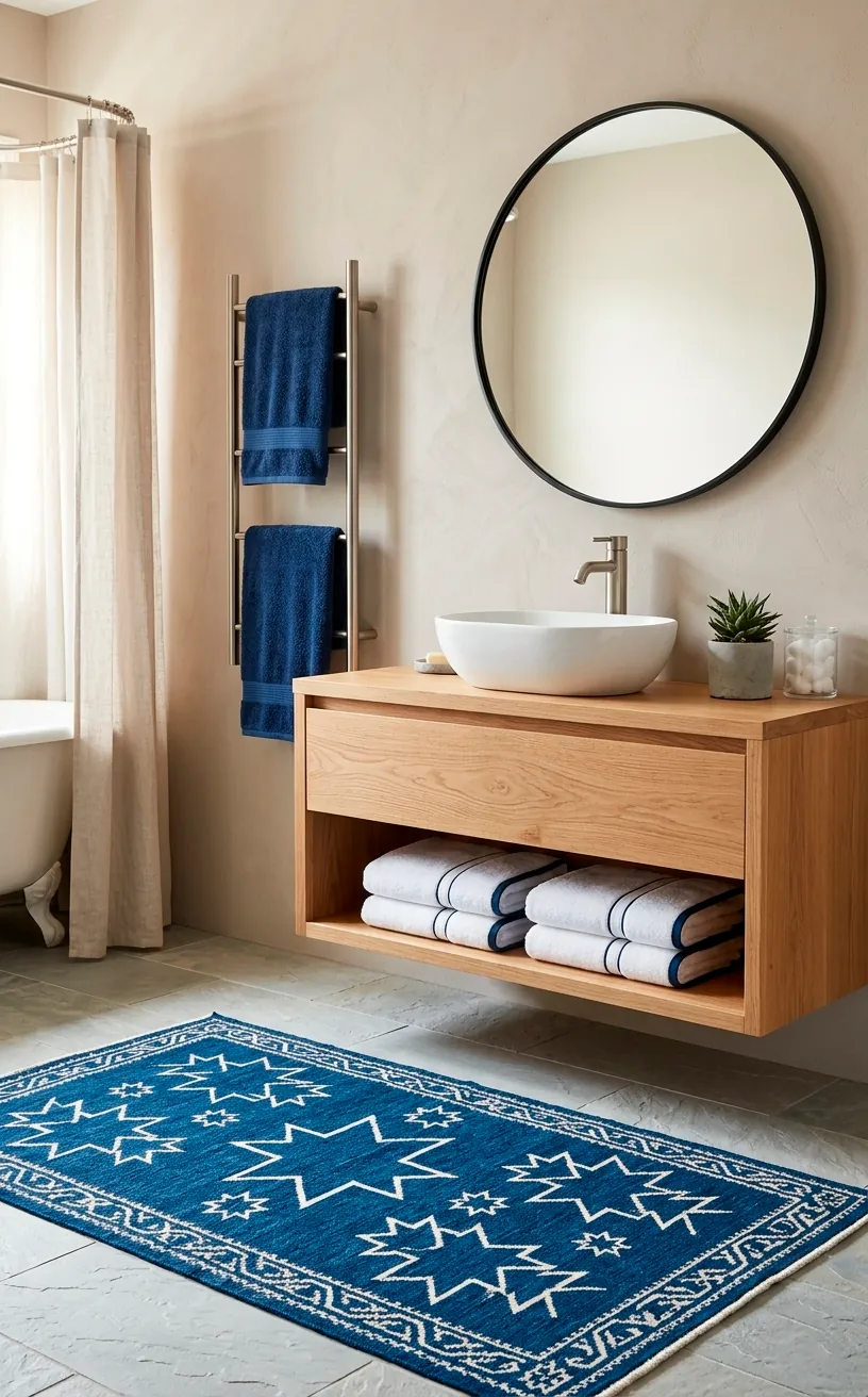Indigo blue kilim rug with geometric patterns in a bright modern bathroom with wood vanity.