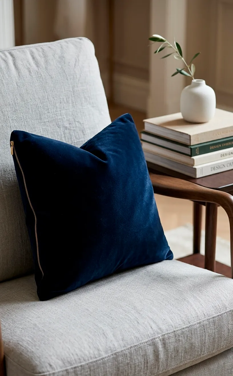 Close up of navy velvet pillow and modern side table decor.
