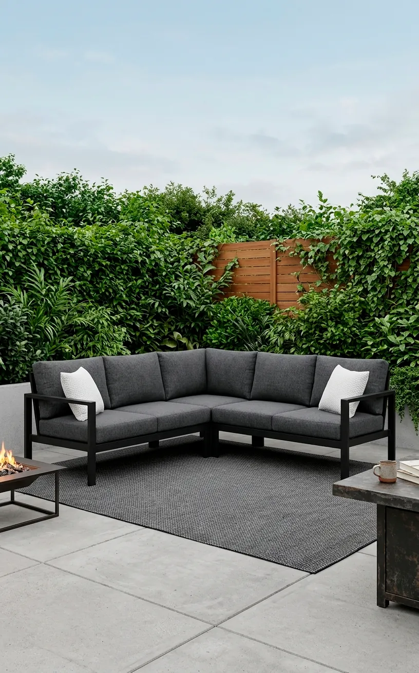 Modern charcoal grey modular outdoor sectional with white throw pillows.