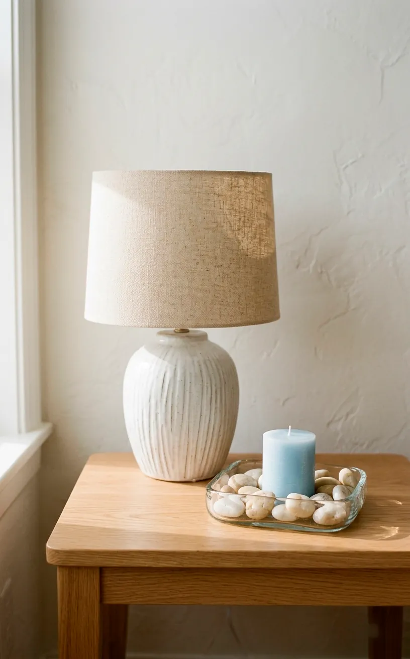 Close up of coastal decor elements including a white ceramic lamp and river stones.