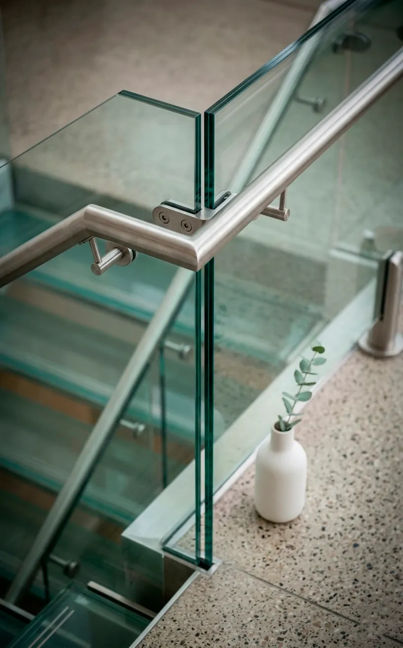 Close-up detail of a modern glass staircase tread with stainless steel fasteners and a minimalist vase.