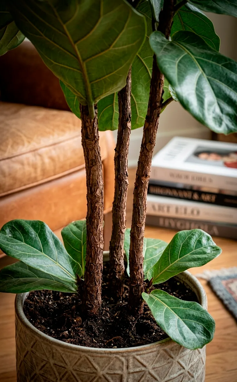 Close-up of multi-stem Fiddle Leaf Fig stalks in a ceramic planter with a blurred background.