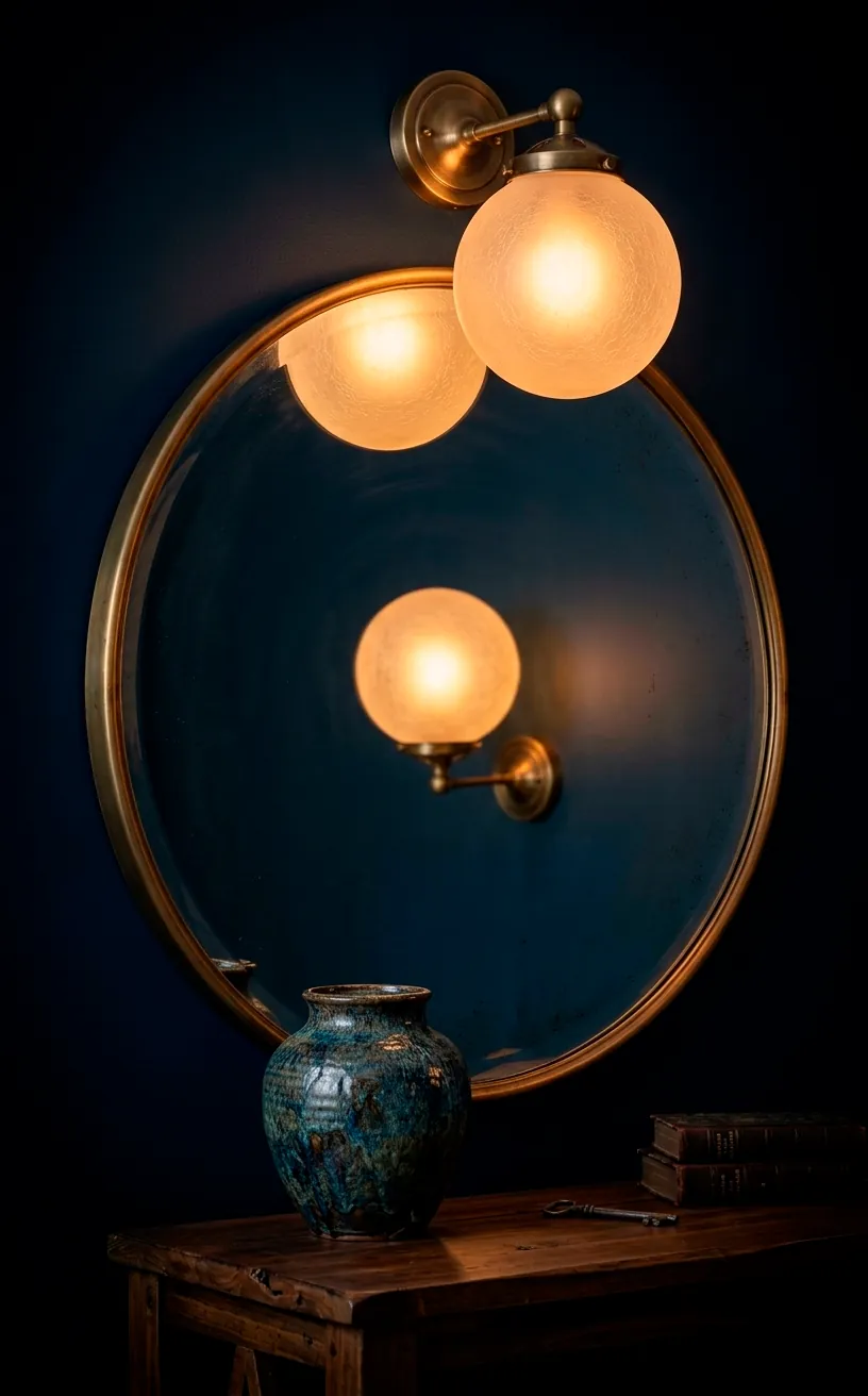 Detail shot of a glowing globe light reflection in an entryway mirror and vintage decor.