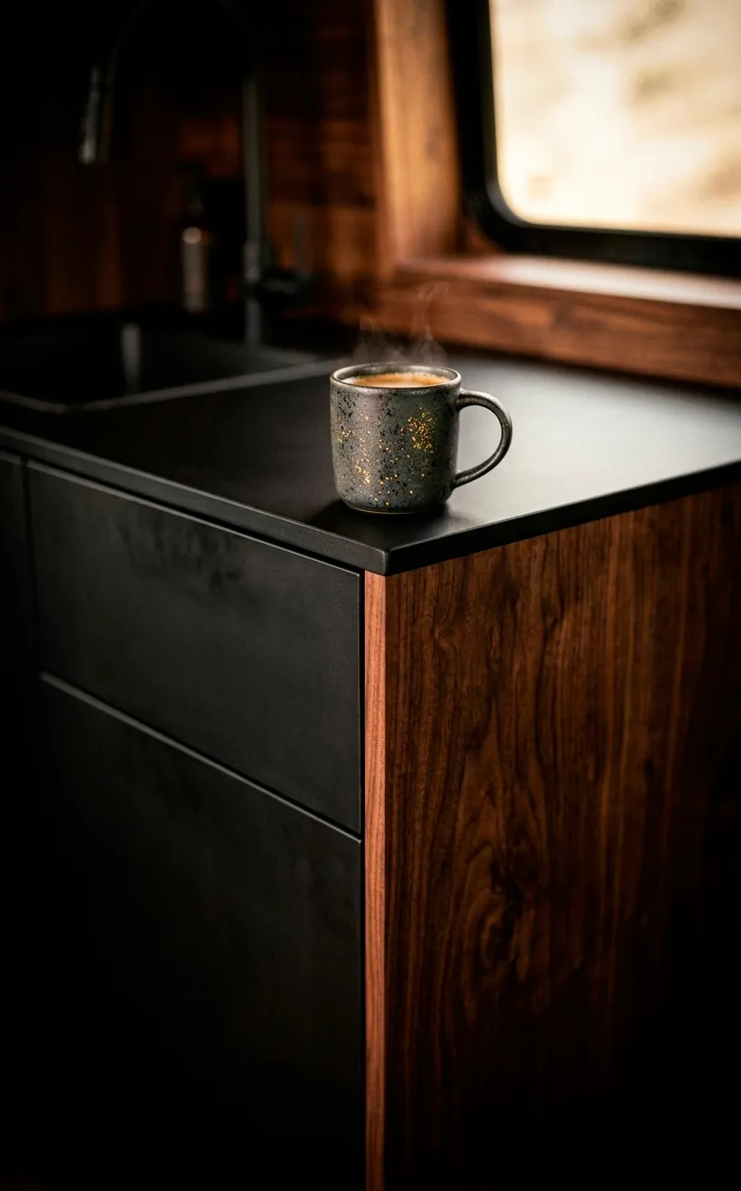 Close-up of flush-mount matte black drawers and walnut panels in a van interior.
