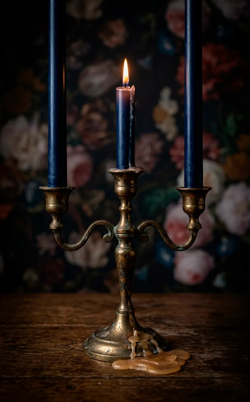 Close up of navy blue taper candles in a tarnished brass holder with melted wax details.