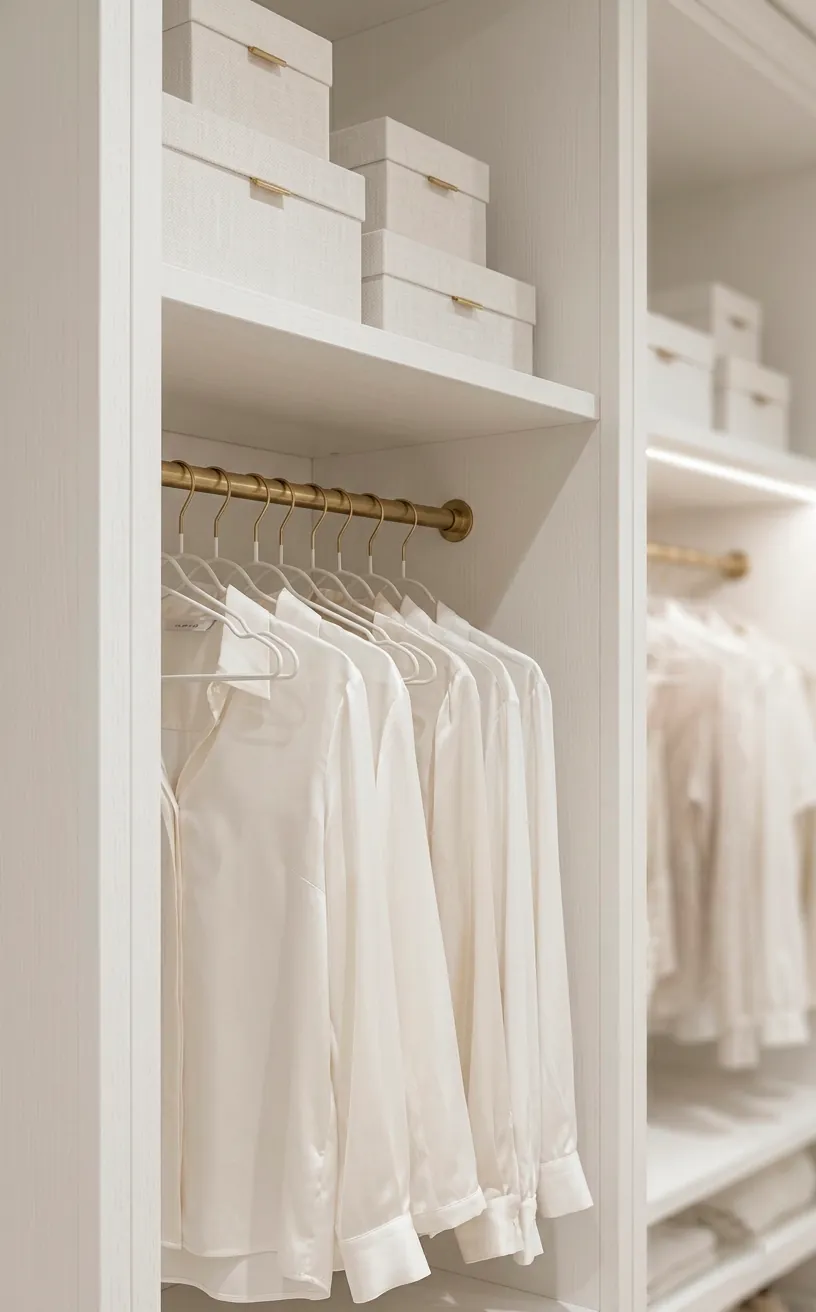 Close-up of white silk clothing and organized storage boxes in a monochrome white dressing room.