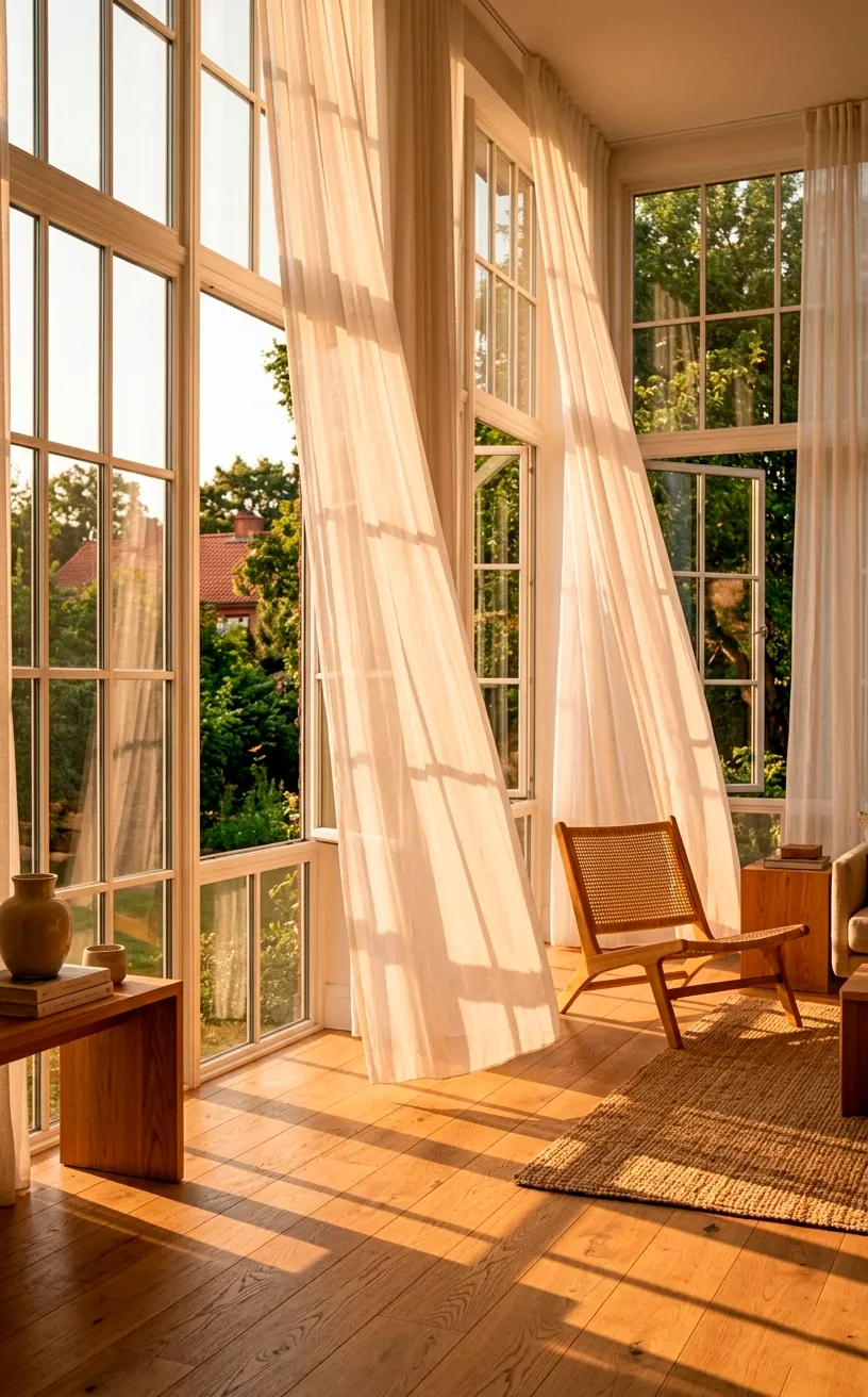 Sun-drenched living room with floor-to-ceiling windows and sheer white curtains.