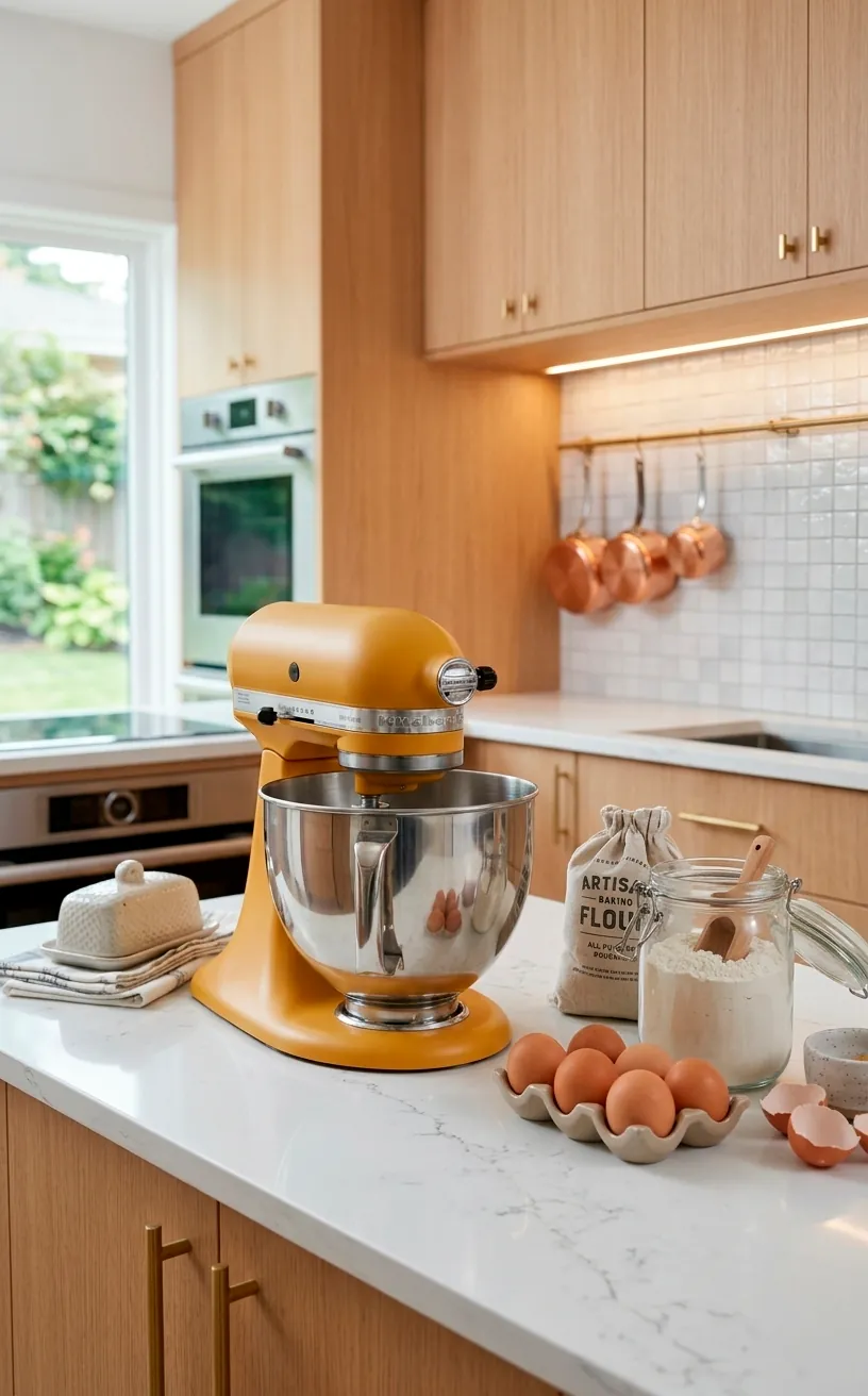 Mustard yellow stand mixer sitting on a modern white kitchen countertop.
