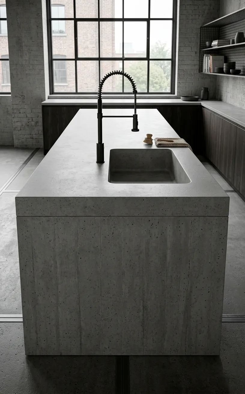 Large gray concrete kitchen island with an integrated sink and black faucet.
