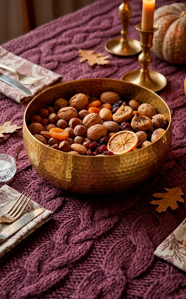 Plum wool tablecloth with a hammered gold bowl centerpiece.